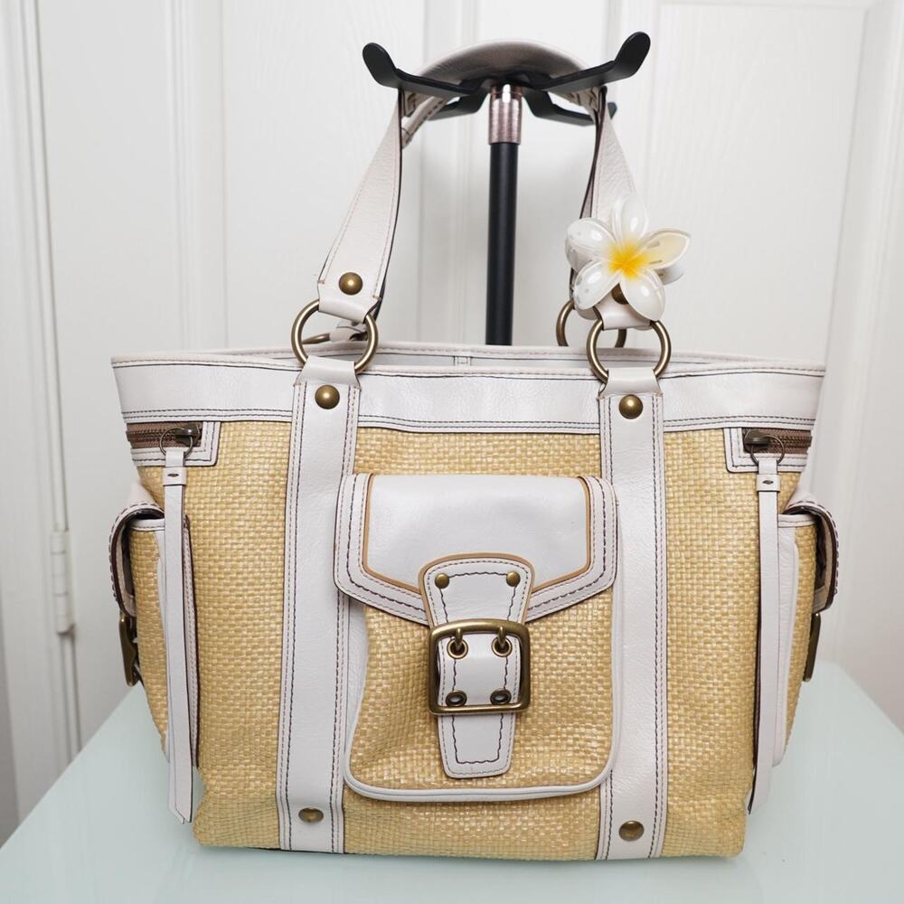 Coach Straw Tote Bag White Leather Y2K